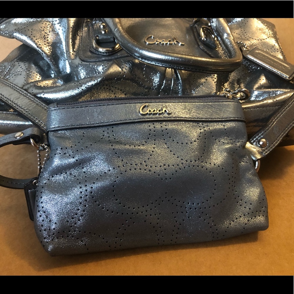 Coach silver fabric zipper clutch